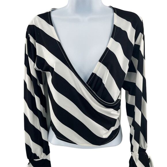 2/$30 TOPSHOP Striped Tie Sleeve V-Neck Wrap Blouse Top Shirt Bell Sleeve Black - Picture 4 of 9